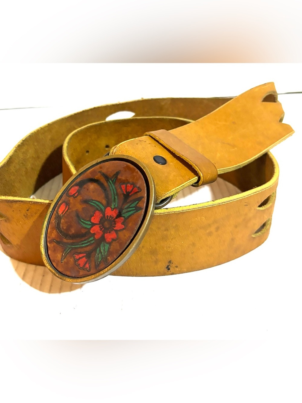 Vintage Yellow Leather Belt with Floral Oval Buckle